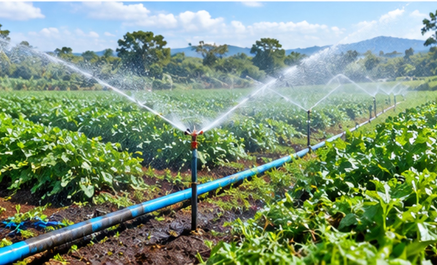 Modern sprinkler irrigation system on a productive farm