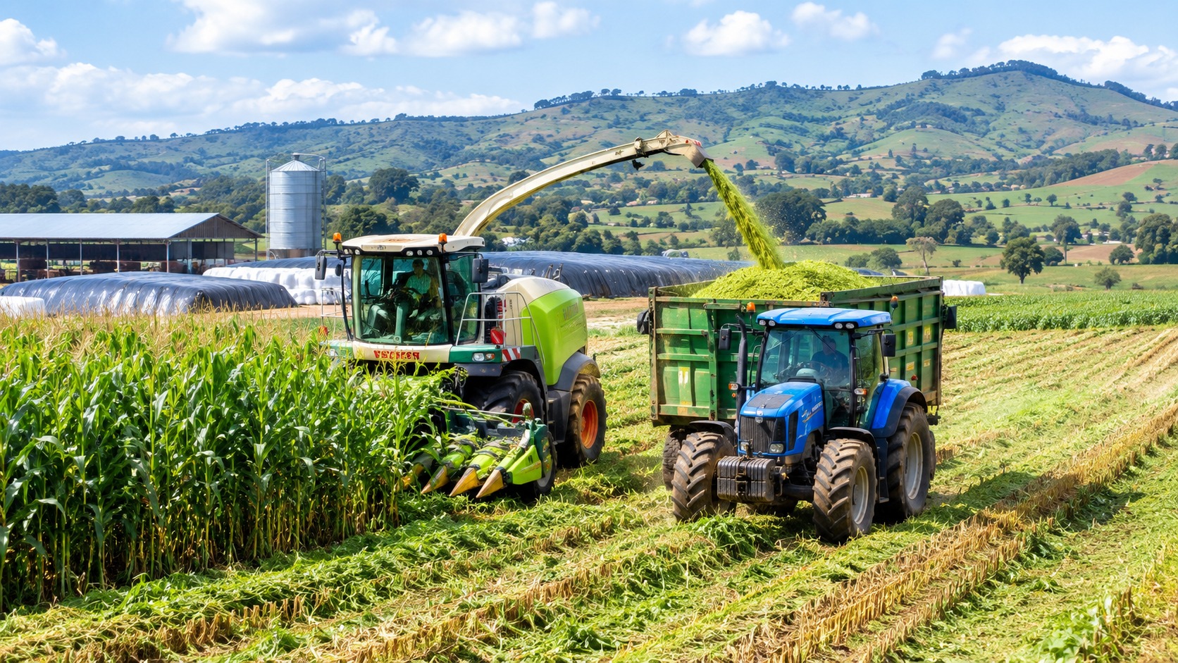 Modern forage harvester and tractor preparing silage